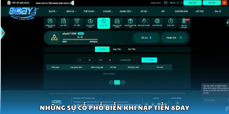 Những sự cố phổ biến khi nạp tiền 8Day
